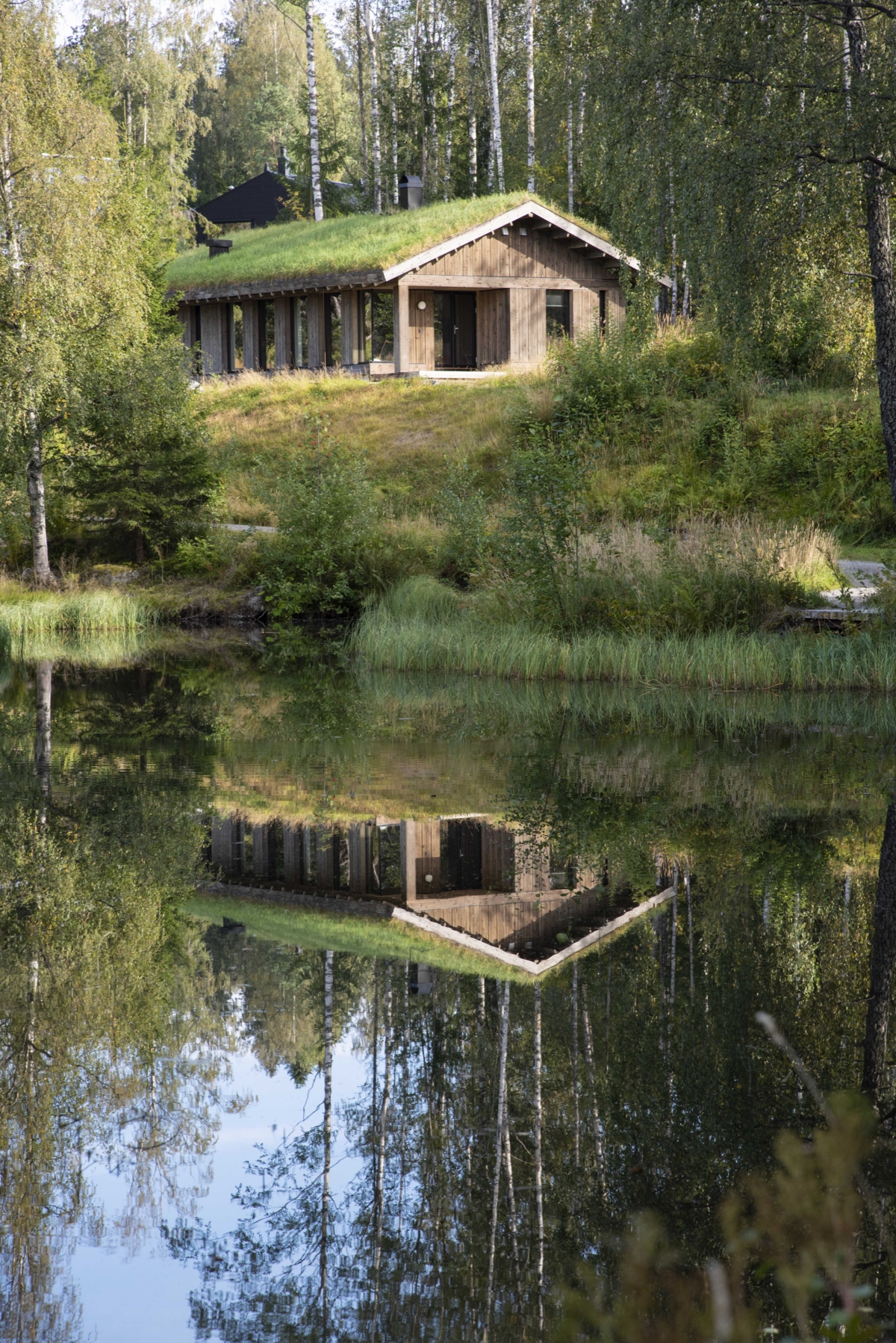 Modern cabin with turf roof reflecting in the lake.