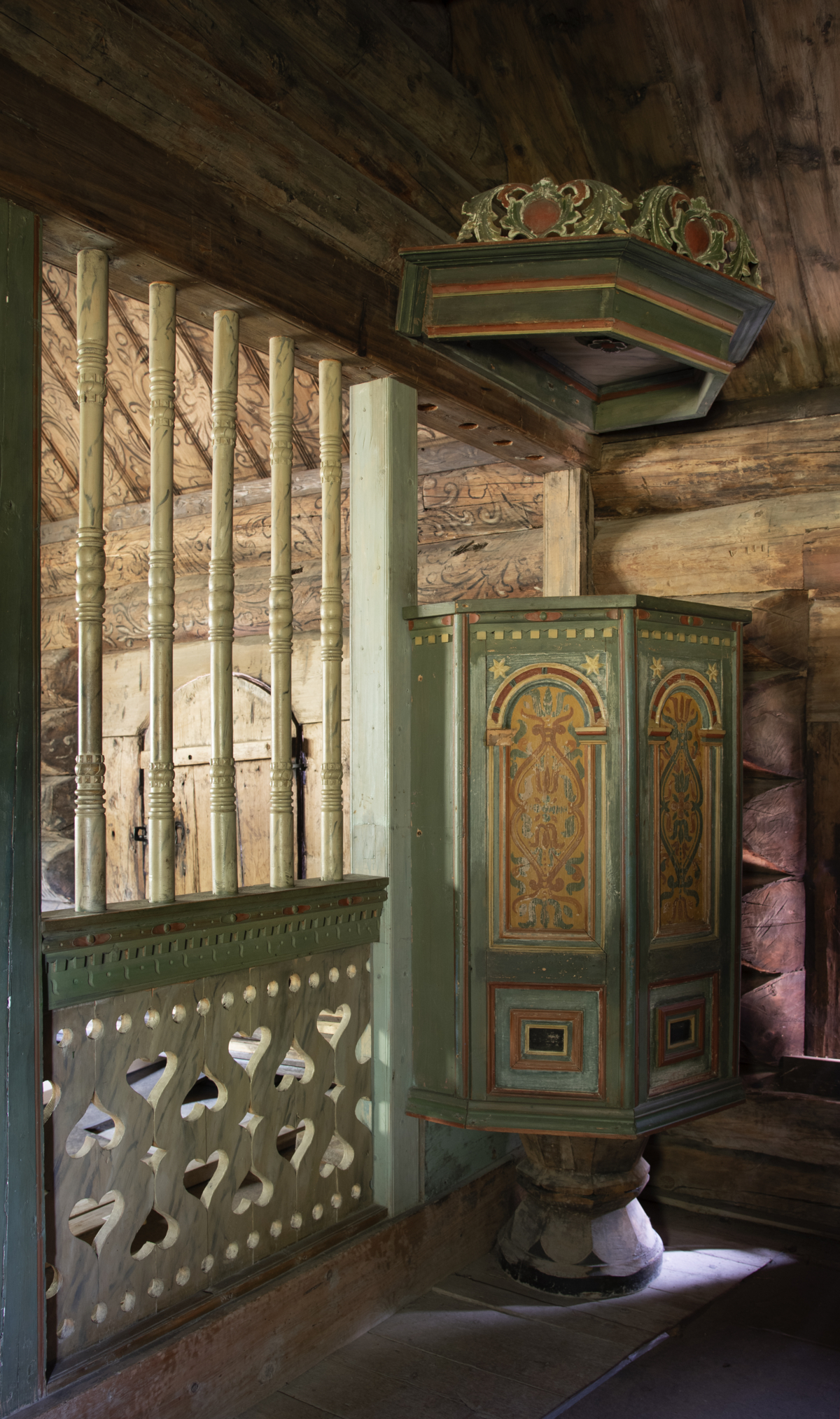 The pulpit inside the Isum chapel. Photo: Camilla Damg&aring;rd/Maihaugen

