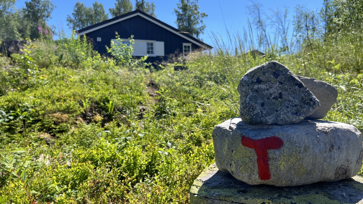 Cairn with red-painted T in front of the cabin Gråhøgdbu at Maihaugen.