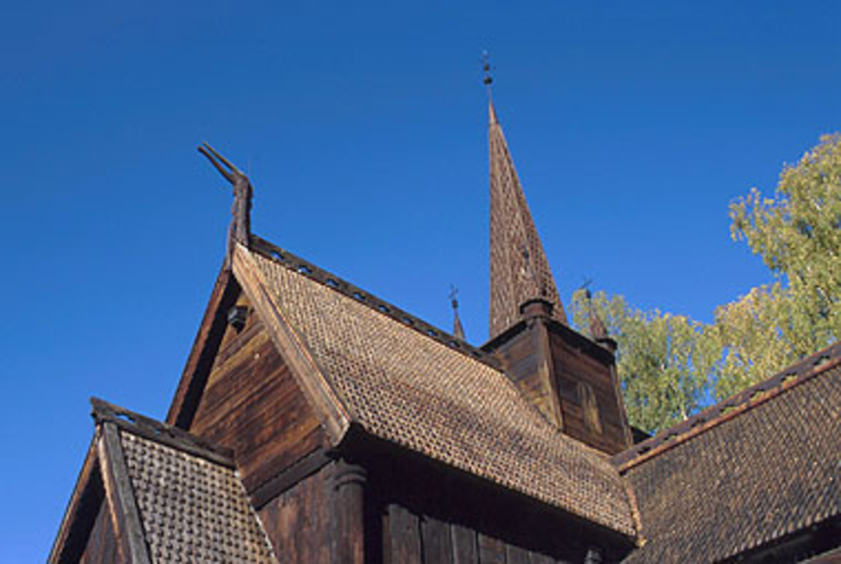 Garmo stave church has been extended several times, the latest during 1731, when the church was given its current shape. Photo: Maihaugen.

